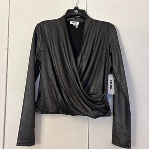 Silver DKNY Long Sleeve Metallic Wrap Crop Top size M NEW